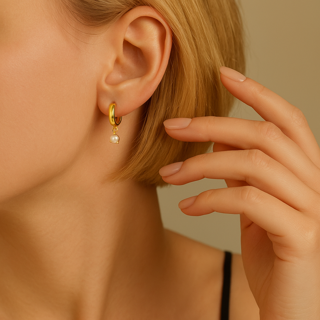 14K Solid Gold Pearl Charm Hoop Earrings – Dainty Real Gold Huggie Hoops