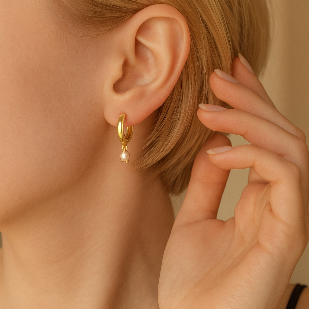 14K Solid Gold Pearl Charm Hoop Earrings – Dainty Real Gold Huggie Hoops