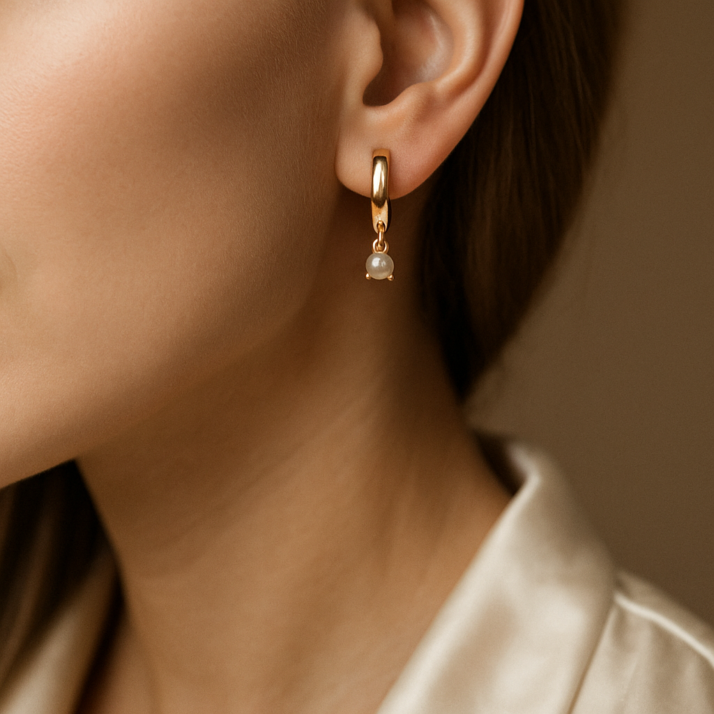 14K Solid Gold Pearl Charm Hoop Earrings – Dainty Real Gold Huggie Hoops