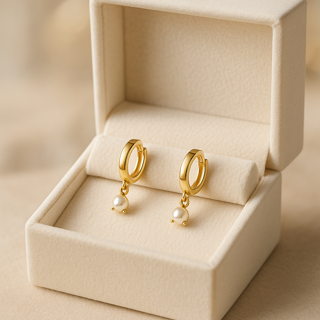14K Solid Gold Pearl Charm Hoop Earrings – Dainty Real Gold Huggie Hoops