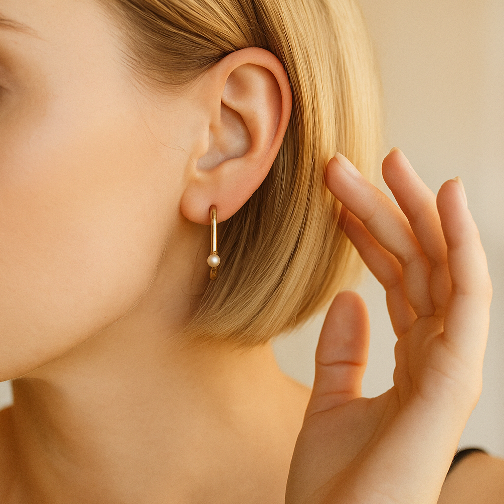 14K Solid Gold Hoop Earrings with Pearl Accent – Minimalist Real Gold Jewelry