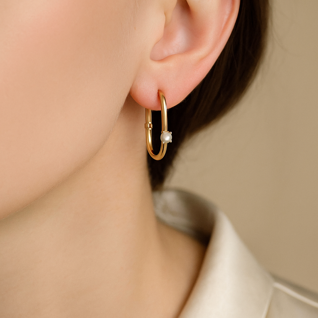 14K Solid Gold Hoop Earrings with Pearl Accent – Minimalist Real Gold Jewelry