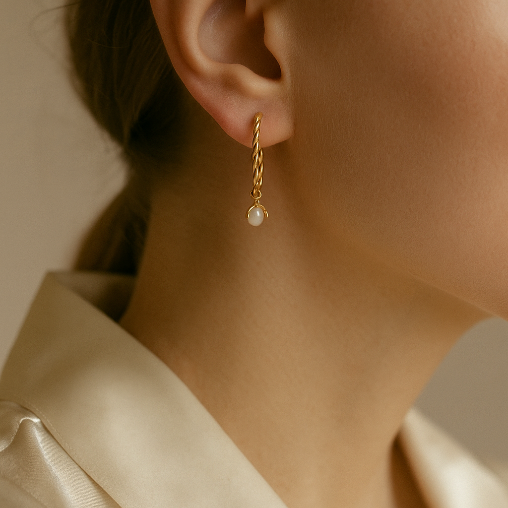 14K Solid Gold Twisted Hoop Earrings with Pearl Drop – Unique Real Gold Jewelry