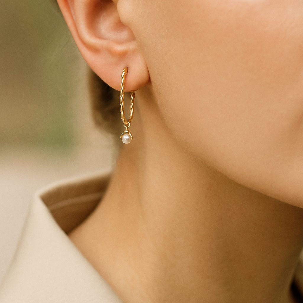 14K Solid Gold Twisted Hoop Earrings with Pearl Drop – Unique Real Gold Jewelry