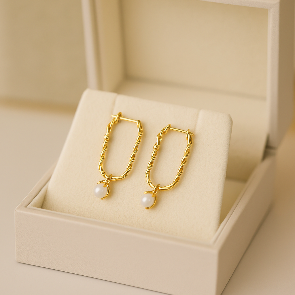 14K Solid Gold Twisted Hoop Earrings with Pearl Drop – Unique Real Gold Jewelry