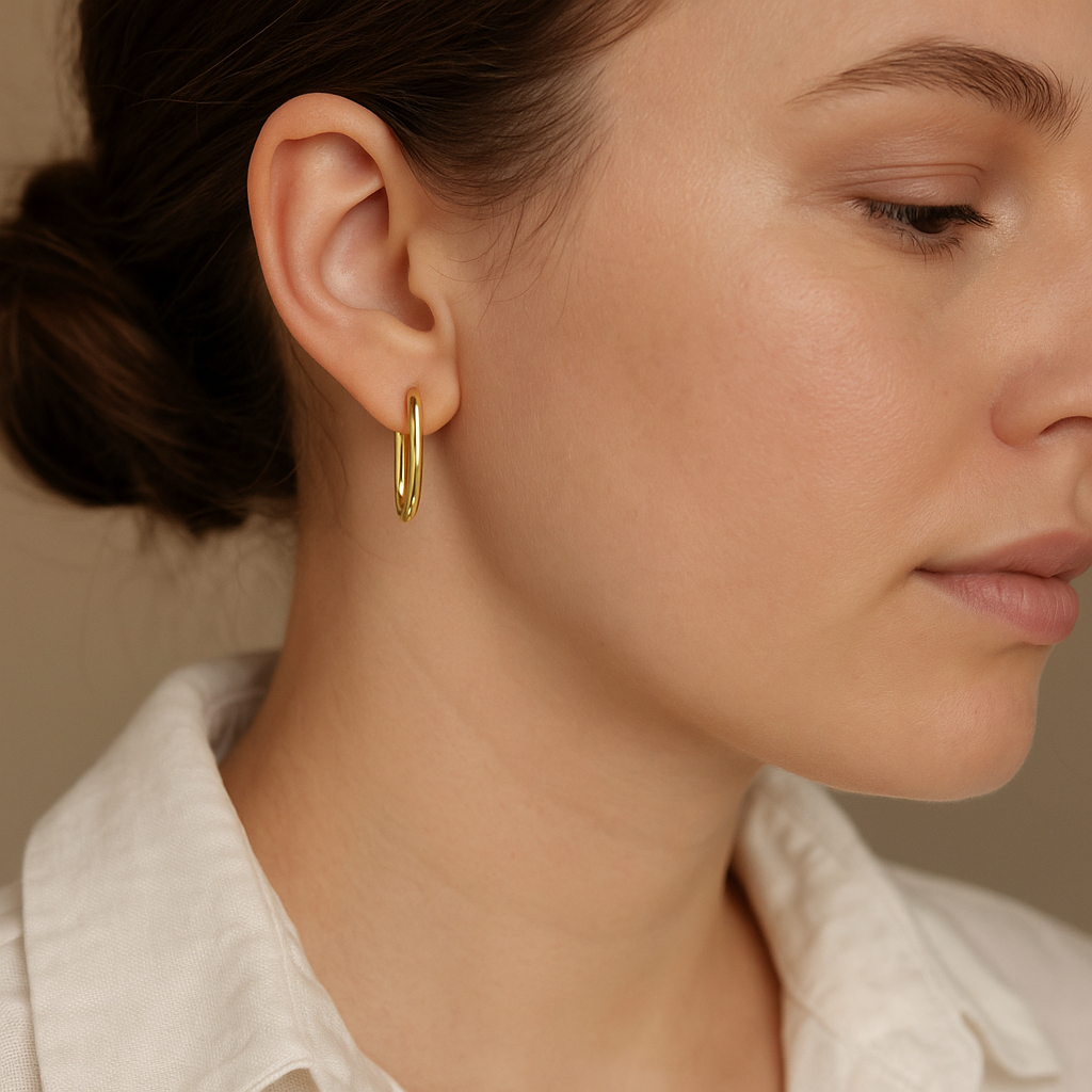 14K Solid Gold Oval Hoop Earrings – Modern Minimalist Real Gold Hoops