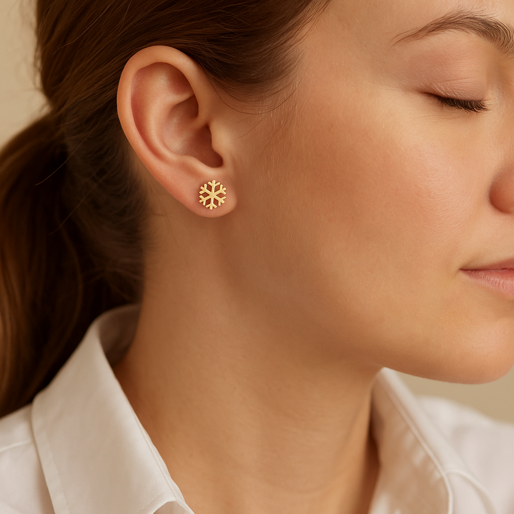 14K Solid Gold Snowflake Stud Earrings – Winter Holiday Jewelry