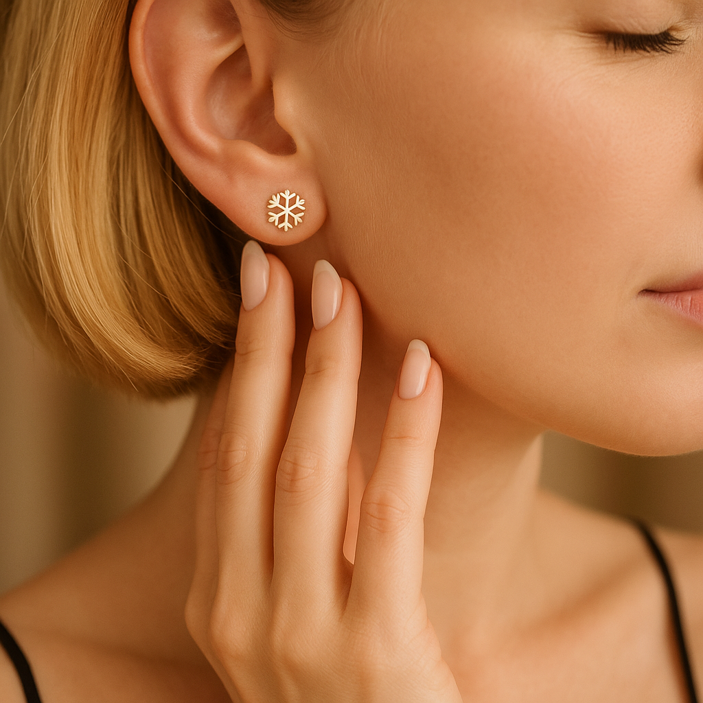 14K Solid Gold Snowflake Stud Earrings – Winter Holiday Jewelry