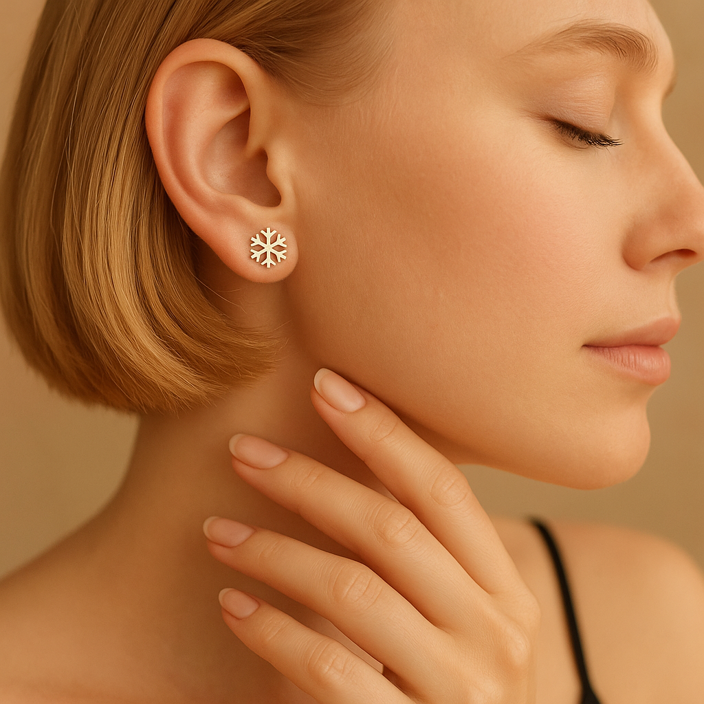 14K Solid Gold Snowflake Stud Earrings – Winter Holiday Jewelry