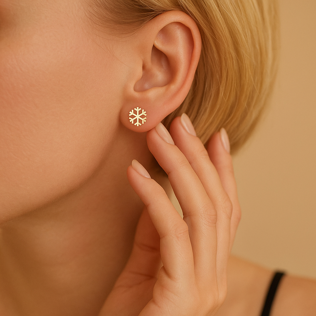 14K Solid Gold Snowflake Stud Earrings – Winter Holiday Jewelry