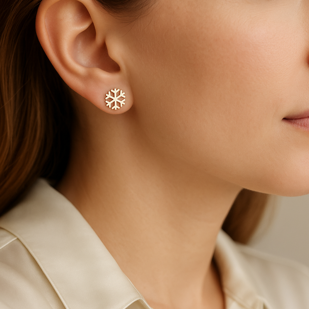 14K Solid Gold Snowflake Stud Earrings – Winter Holiday Jewelry