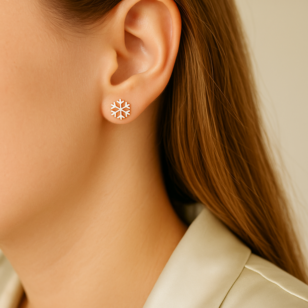 14K Solid Gold Snowflake Stud Earrings – Winter Holiday Jewelry