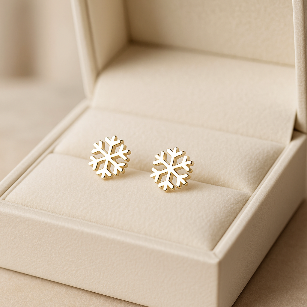 14K Solid Gold Snowflake Stud Earrings – Winter Holiday Jewelry