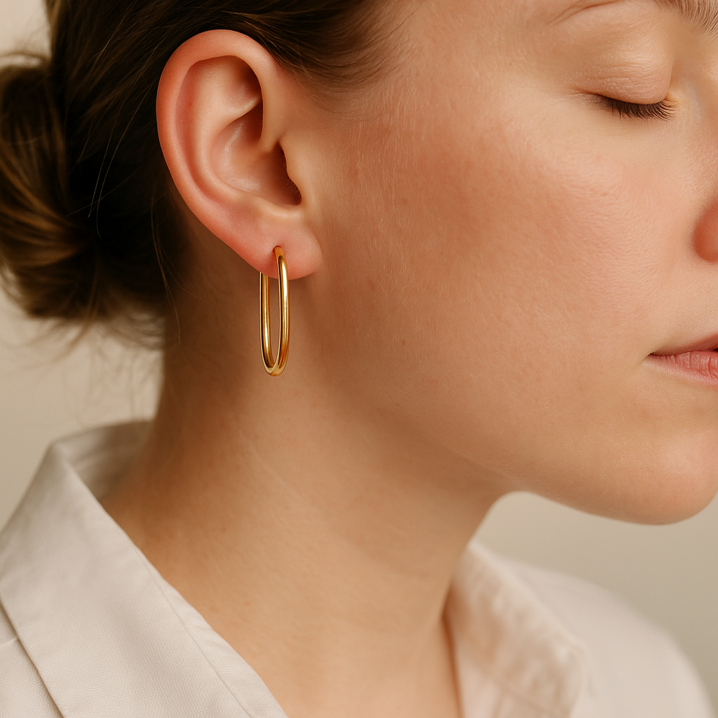 14K Solid Gold Elongated Hoop Earrings – Sleek Modern Real Gold Hoops