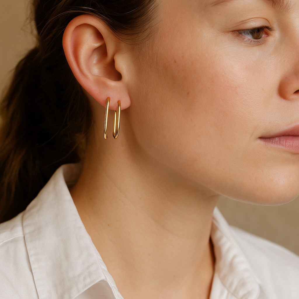 14K Solid Gold Elongated Hoop Earrings – Sleek Modern Real Gold Hoops