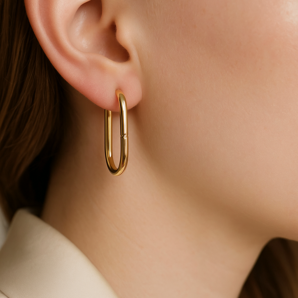 14K Solid Gold Elongated Hoop Earrings – Sleek Modern Real Gold Hoops