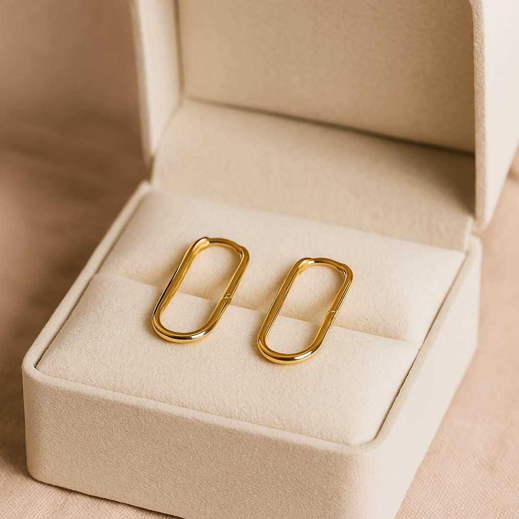 14K Solid Gold Elongated Hoop Earrings – Sleek Modern Real Gold Hoops