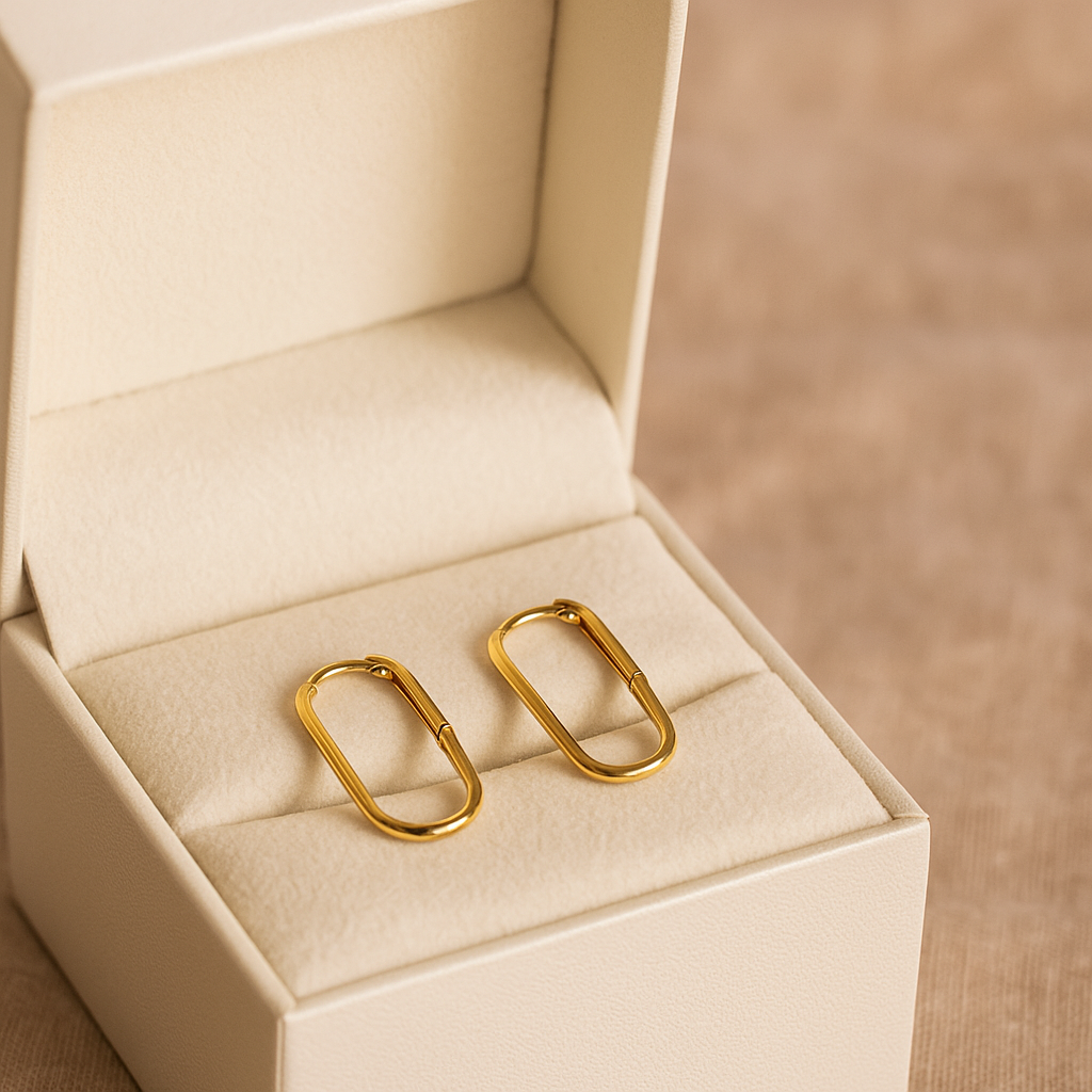 14K Solid Gold Elongated Hoop Earrings – Sleek Modern Real Gold Hoops