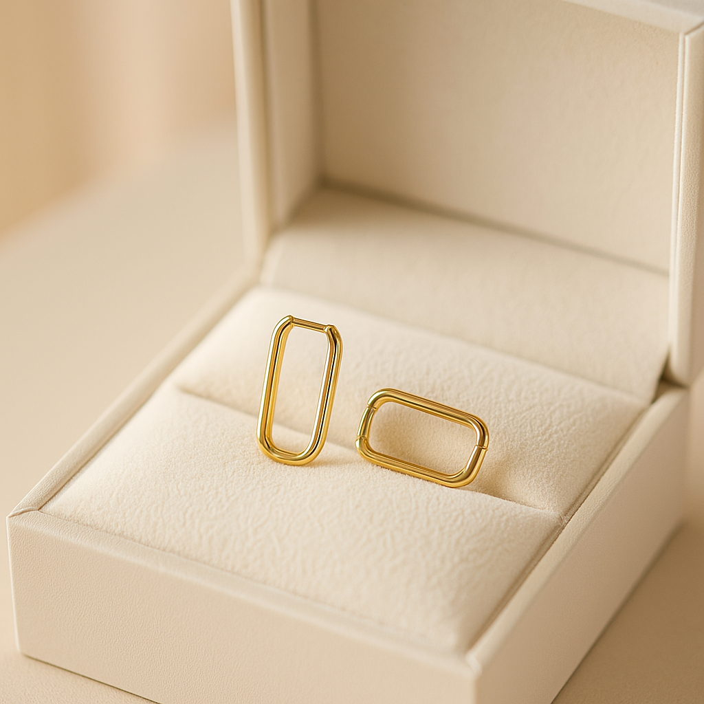 14K Solid Gold Rectangle Hoop Earrings – Modern Geometric Real Gold Hoops