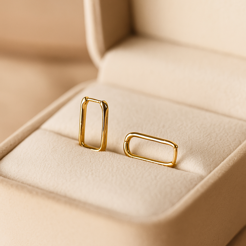 14K Solid Gold Rectangle Hoop Earrings – Modern Geometric Real Gold Hoops