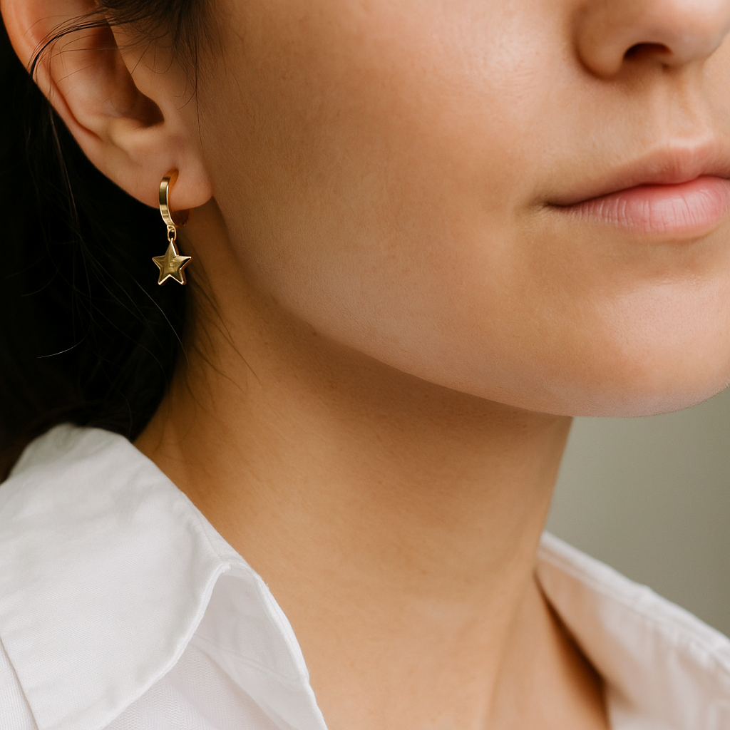 14K Solid Gold Star Charm Hoop Earrings – Celestial Real Gold Jewelry