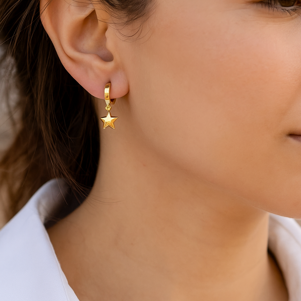 14K Solid Gold Star Charm Hoop Earrings – Celestial Real Gold Jewelry