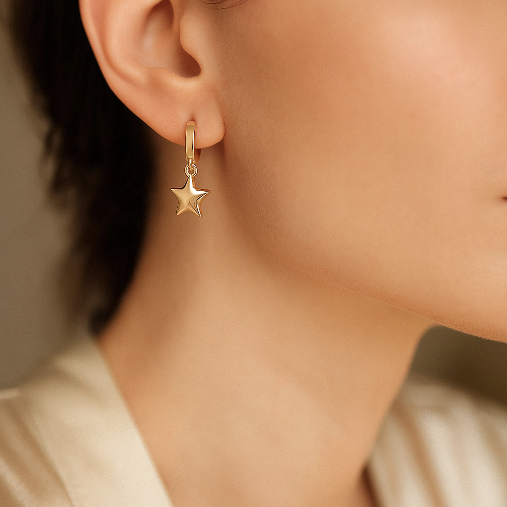 14K Solid Gold Star Charm Hoop Earrings – Celestial Real Gold Jewelry