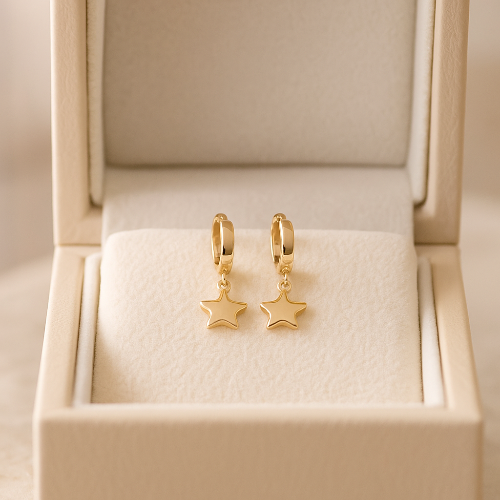 14K Solid Gold Star Charm Hoop Earrings – Celestial Real Gold Jewelry