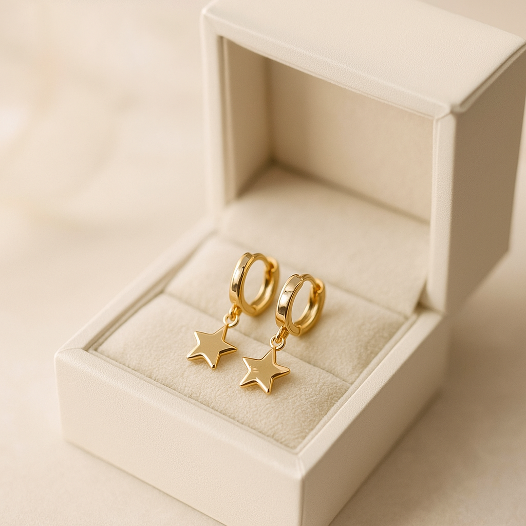 14K Solid Gold Star Charm Hoop Earrings – Celestial Real Gold Jewelry
