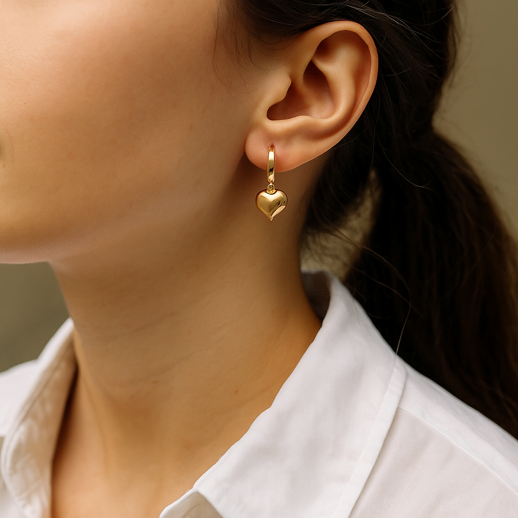 14K Solid Gold Heart Charm Hoop Earrings – Romantic Real Gold Jewelry