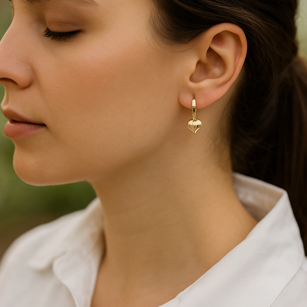 14K Solid Gold Heart Charm Hoop Earrings – Romantic Real Gold Jewelry