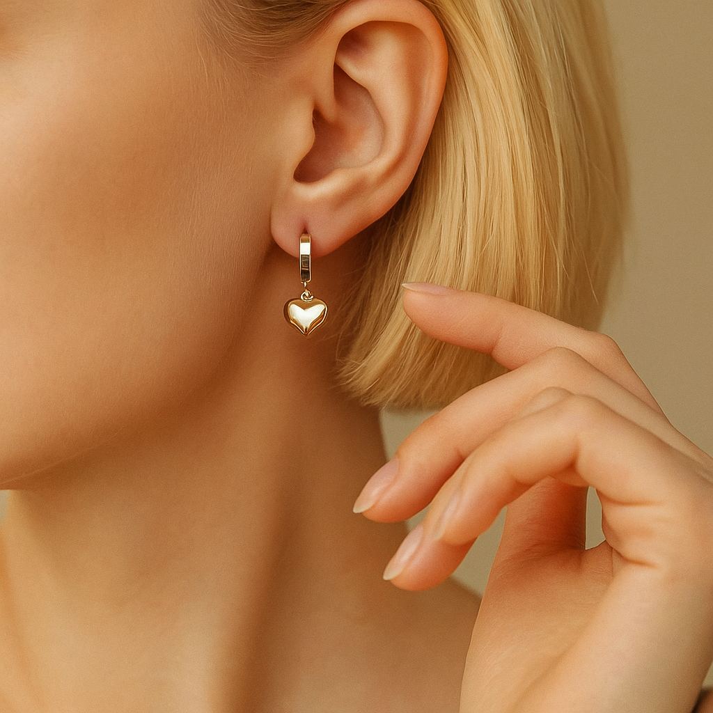 14K Solid Gold Heart Charm Hoop Earrings – Romantic Real Gold Jewelry