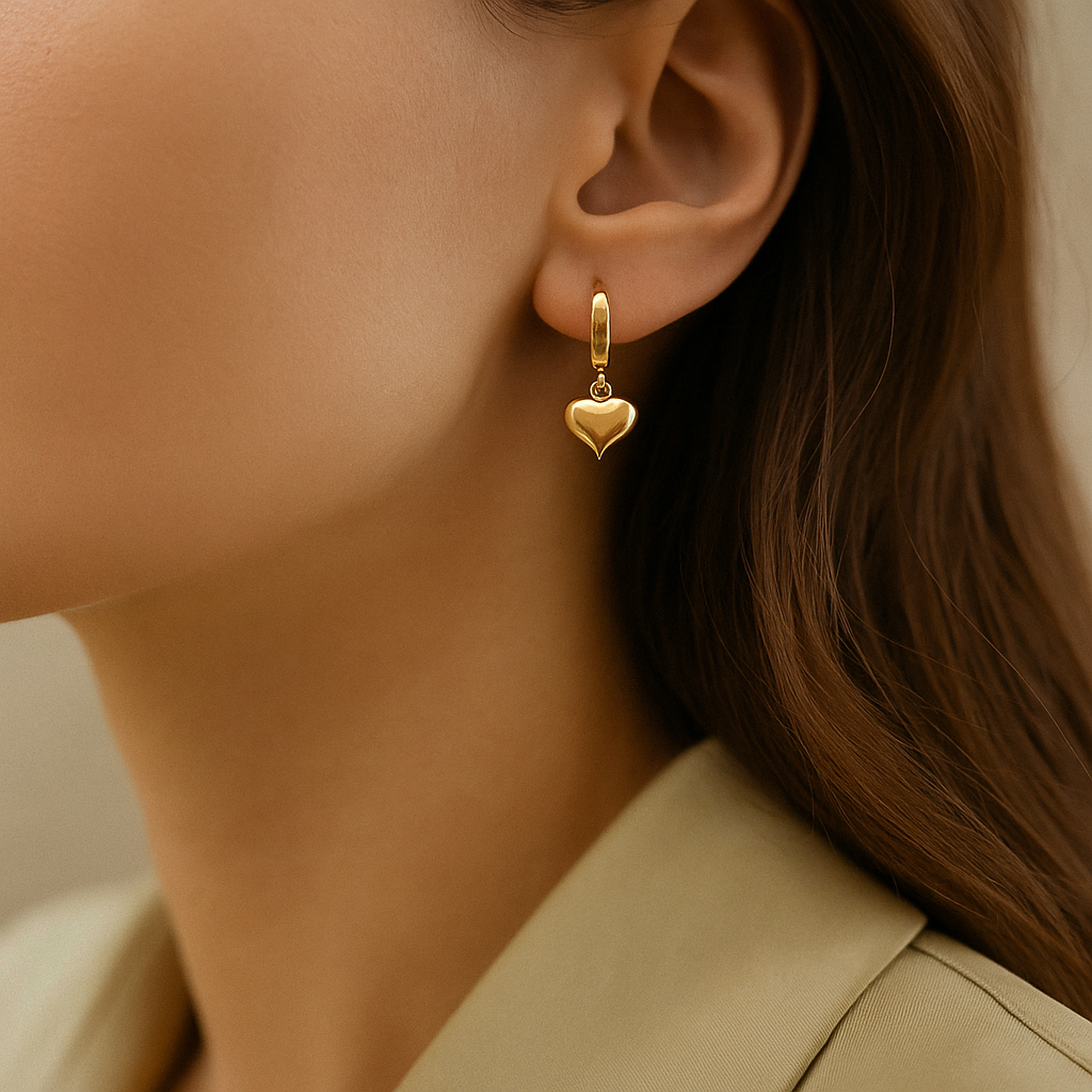 14K Solid Gold Heart Charm Hoop Earrings – Romantic Real Gold Jewelry