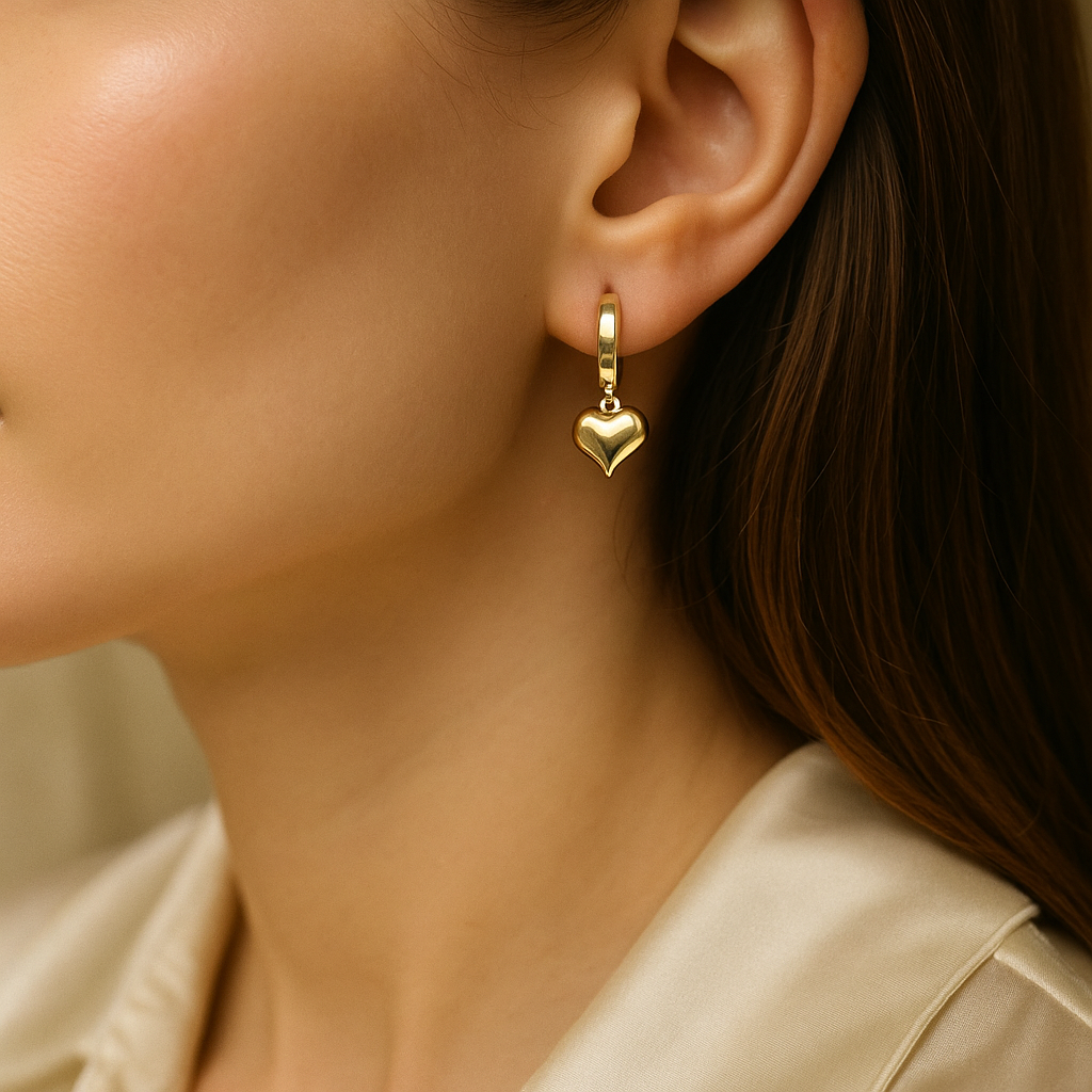 14K Solid Gold Heart Charm Hoop Earrings – Romantic Real Gold Jewelry