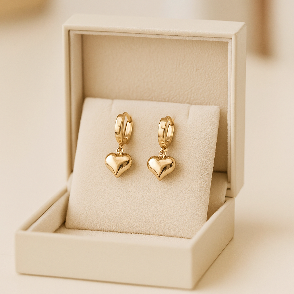 14K Solid Gold Heart Charm Hoop Earrings – Romantic Real Gold Jewelry