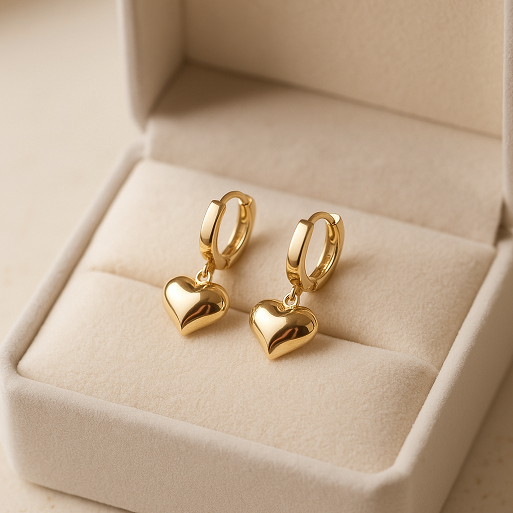 14K Solid Gold Heart Charm Hoop Earrings – Romantic Real Gold Jewelry