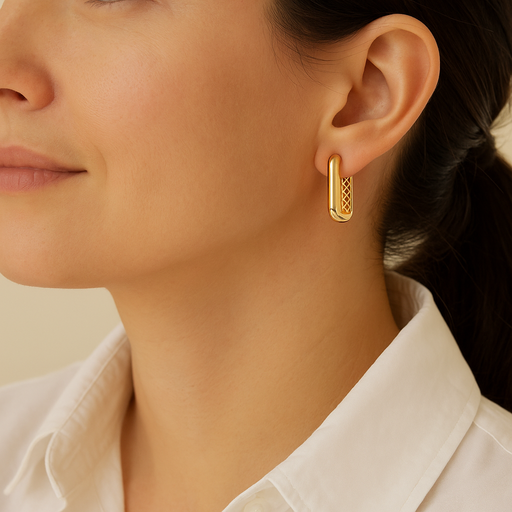 14K Solid Gold Geometric Hoop Earrings – Bold Rectangle Real Gold Hoops with Textured Detai