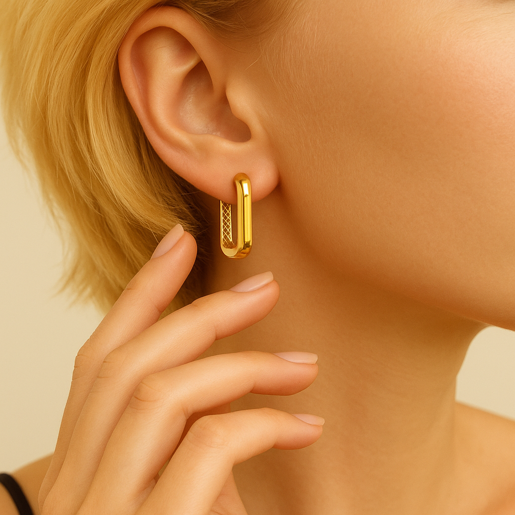 14K Solid Gold Geometric Hoop Earrings – Bold Rectangle Real Gold Hoops with Textured Detai