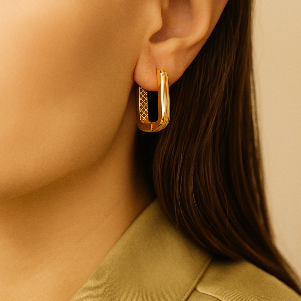 14K Solid Gold Geometric Hoop Earrings – Bold Rectangle Real Gold Hoops with Textured Detai