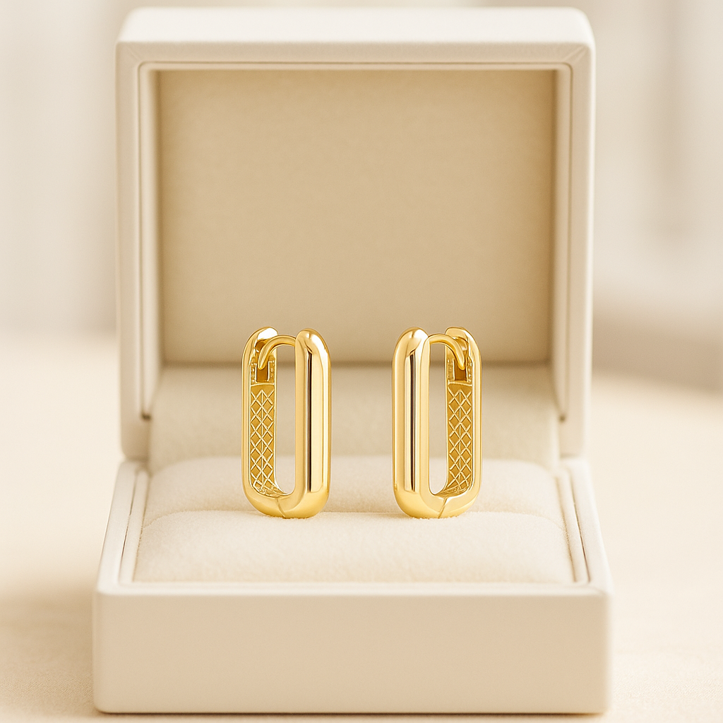 14K Solid Gold Geometric Hoop Earrings – Bold Rectangle Real Gold Hoops with Textured Detai