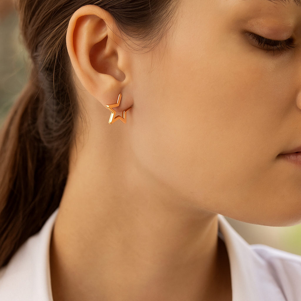 14K Solid Gold Lightning Star Earrings – Edgy Real Gold Hoop Design