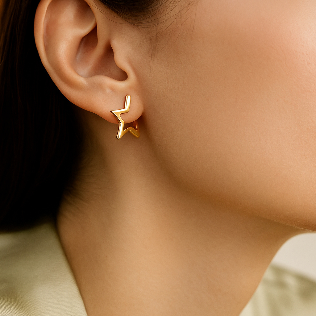 14K Solid Gold Lightning Star Earrings – Edgy Real Gold Hoop Design