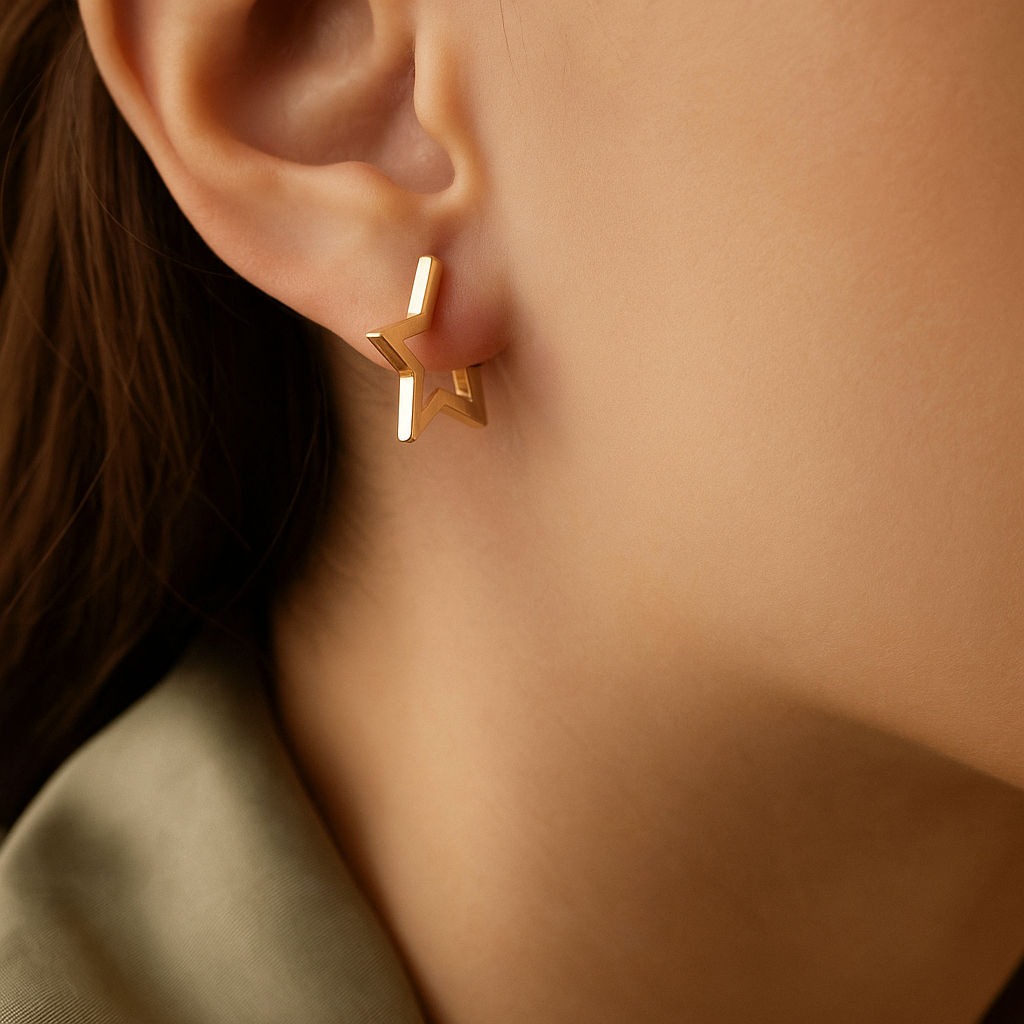 14K Solid Gold Lightning Star Earrings – Edgy Real Gold Hoop Design