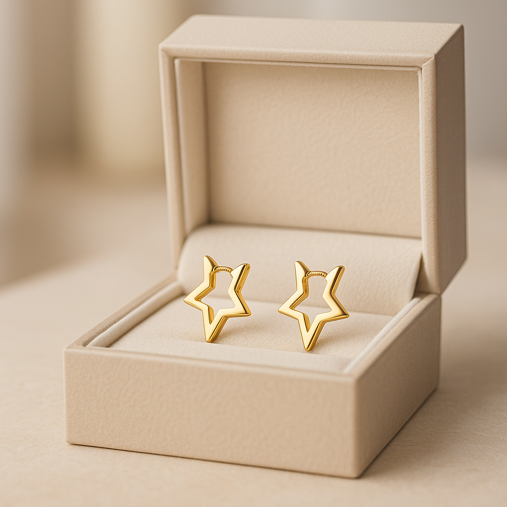 14K Solid Gold Lightning Star Earrings – Edgy Real Gold Hoop Design