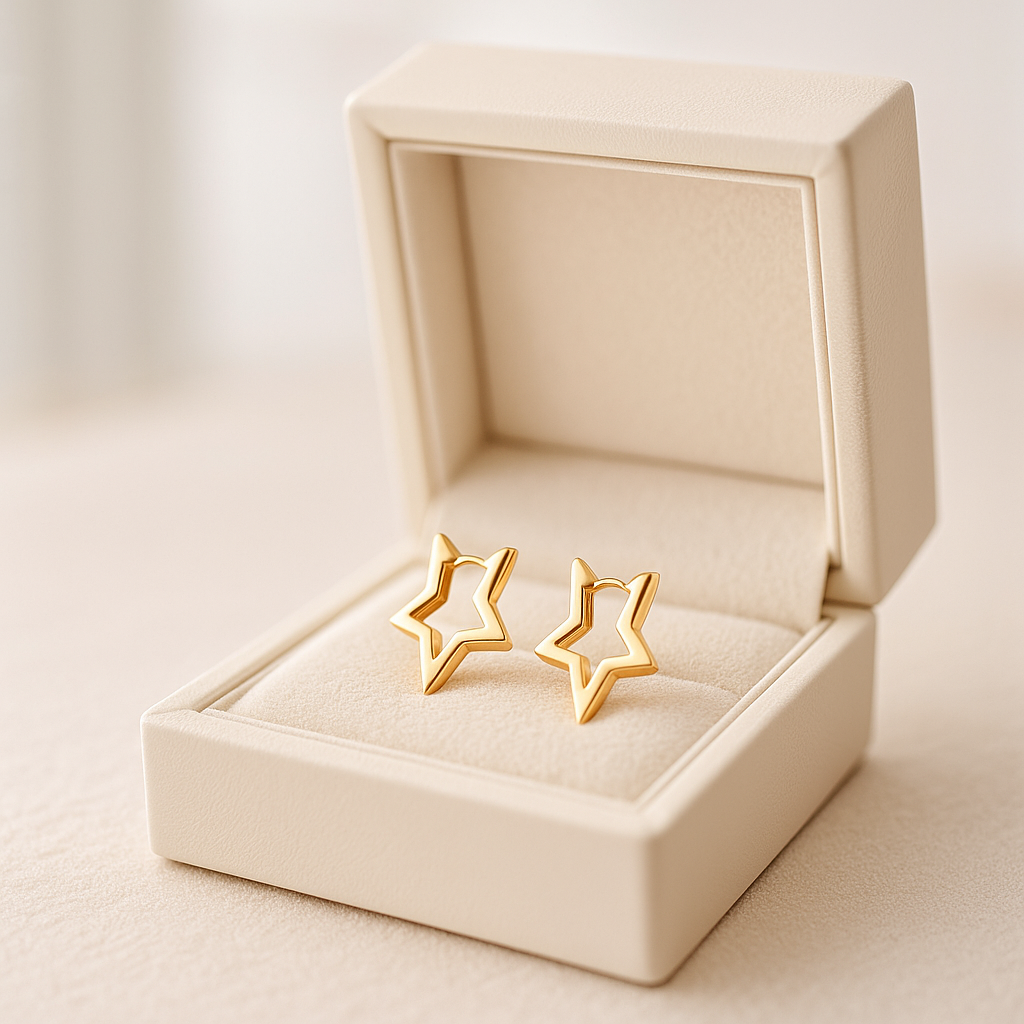 14K Solid Gold Lightning Star Earrings – Edgy Real Gold Hoop Design