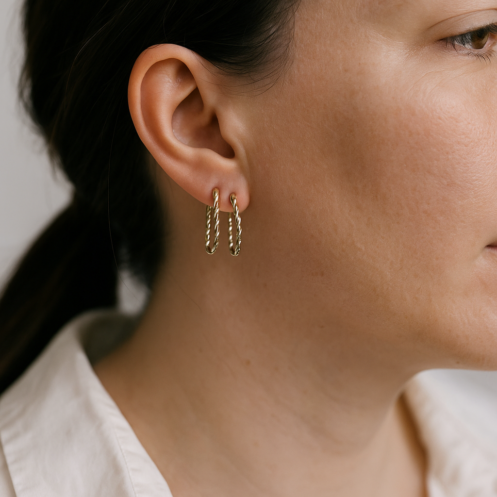 14K Solid Gold Twisted Rectangle Hoop Earrings – Rope Style Real Gold Hoops