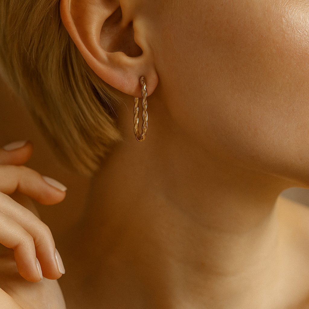 14K Solid Gold Twisted Rectangle Hoop Earrings – Rope Style Real Gold Hoops