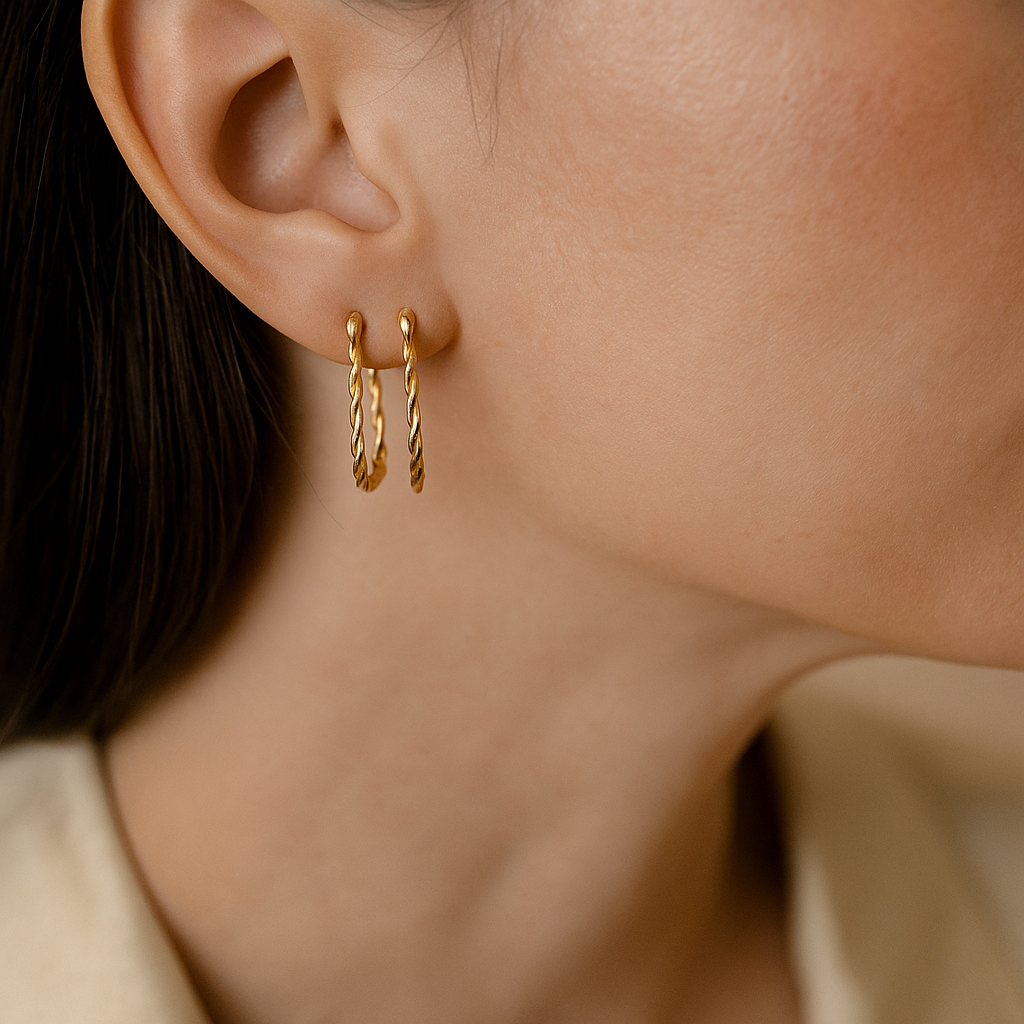 14K Solid Gold Twisted Rectangle Hoop Earrings – Rope Style Real Gold Hoops