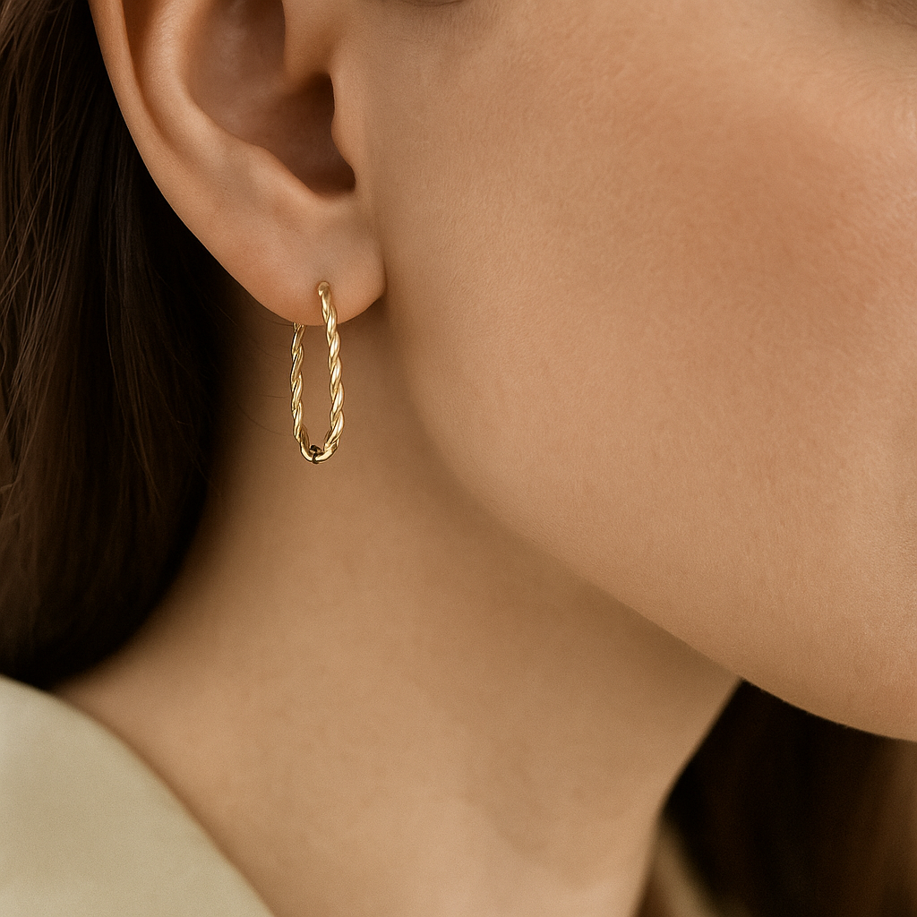 14K Solid Gold Twisted Rectangle Hoop Earrings – Rope Style Real Gold Hoops