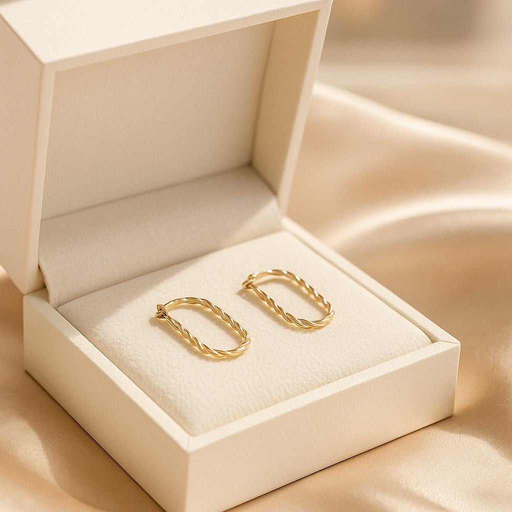 14K Solid Gold Twisted Rectangle Hoop Earrings – Rope Style Real Gold Hoops